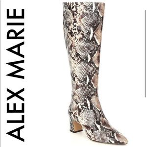 ALEX MARIE NWT BLACK WHITE TAN LEATHER SNAKE PRINT BLOCK KNEE HIGH BOOTS 5.5 M